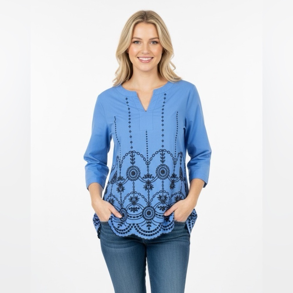 Talbots Blue Embroidered Women's Top size large